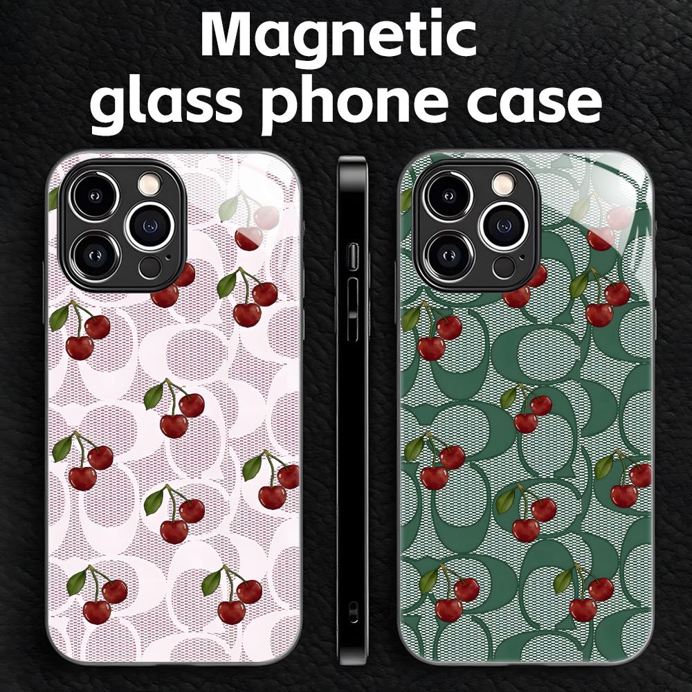 Mini Pc Case - iPhone18、17、16、15、14、13、12、11、X、XR、XS、Plus、Mini、Pro Max対応、チェリー柄の高級感あふれるスマートフォンケース。ガラス製で、磁石が内蔵されています。